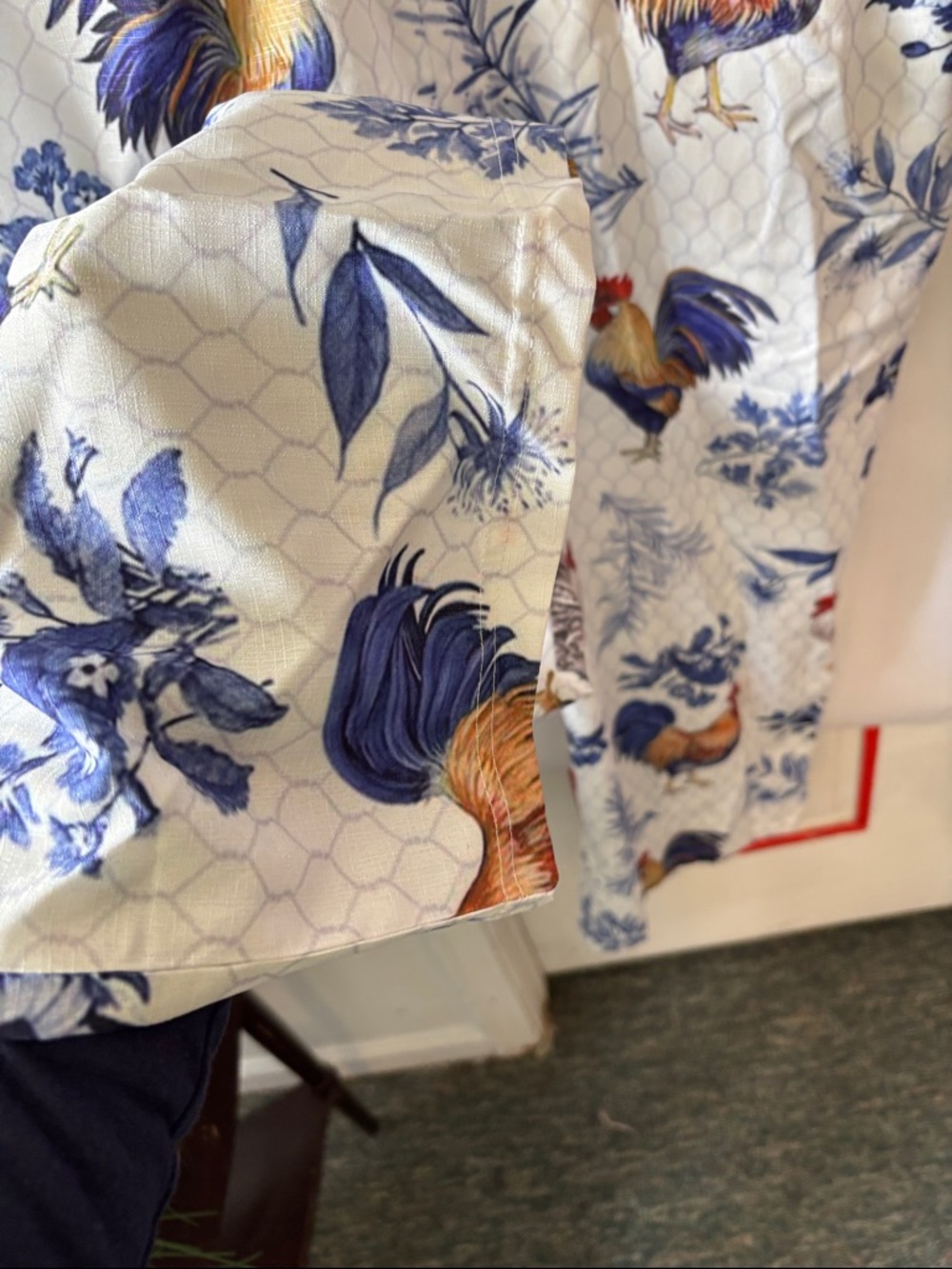 Women's Cream Rooster Print Linen Jumpsuit& wide rim sun hat, pit to pit 22”, - Picture 9 of 10